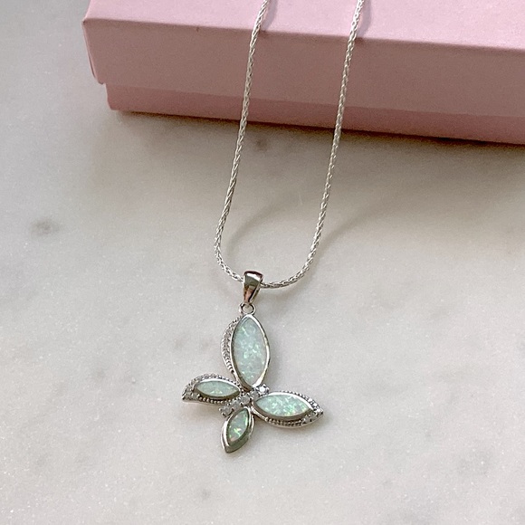 .925 Sterling Silver Lab Created Opal & Cz Butterfly Necklace - Picture 12 of 17